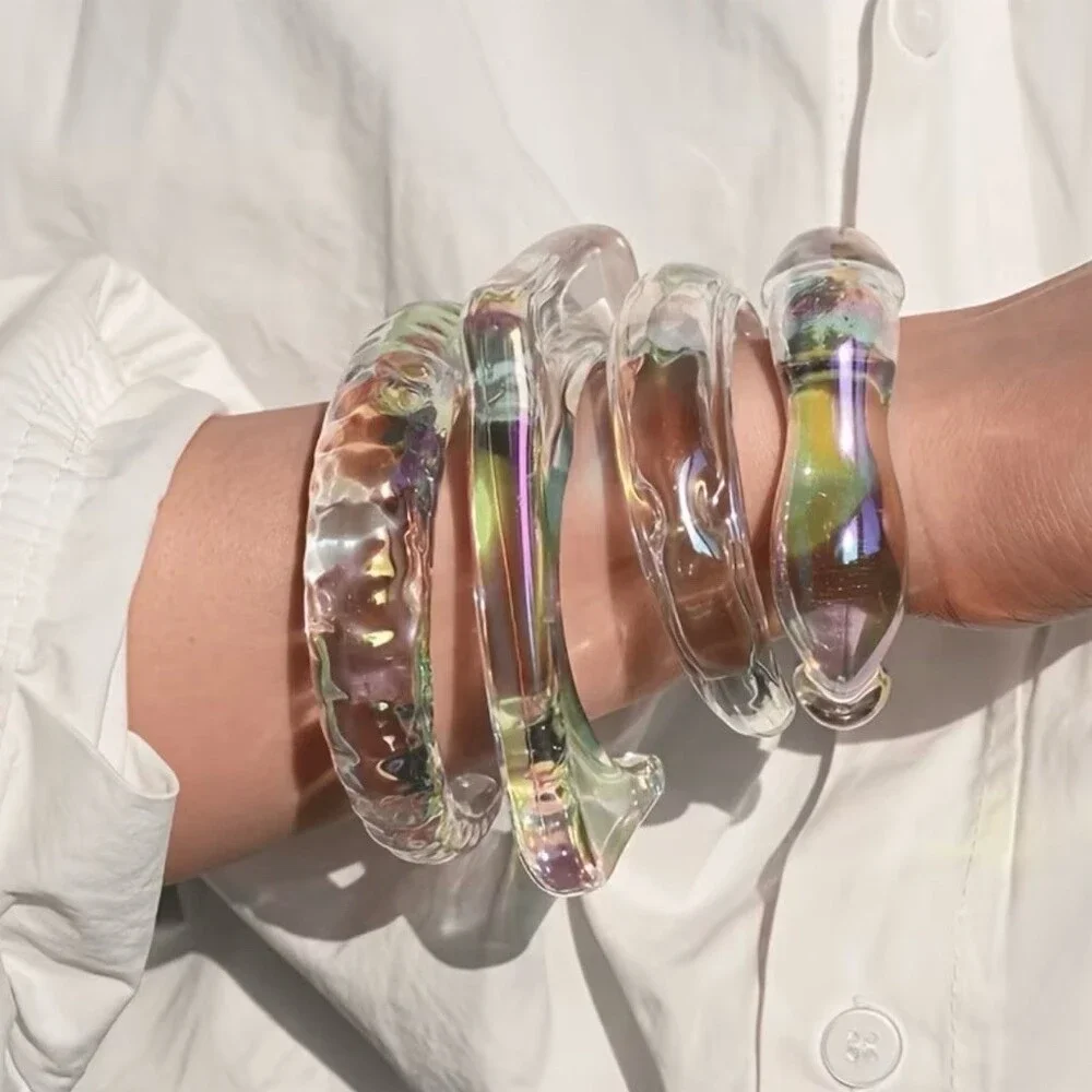 Boho Clear Iridescent Bracelets Set Of 4 Geometric Open Cuff Bangles Party